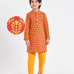 Earthy Touch Premium Cotton Knit Full Sleeves Pigment Printed Kurta Pyjama Set - Orange-image-49