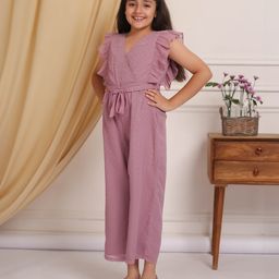 Budding Bees Georgette Frill Sleeves Dobby Foil Printed Jumpsuit - Purple-image-83