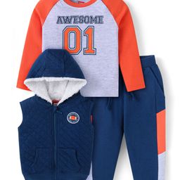 Babyhug Terry KnitSleeveless Front Open HoodedSweatjacket & Lounge Pant Set with Full Raglan Sleeves Text Printed T-Shirt - White Navy & Orange-image-18