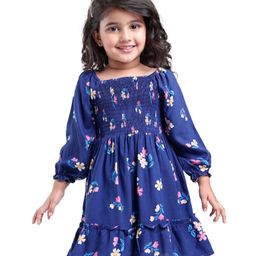 Babyhug Cotton Woven Full Peasant Sleeves Frock with Floral Print & Smocking - Navy Blue-image-121