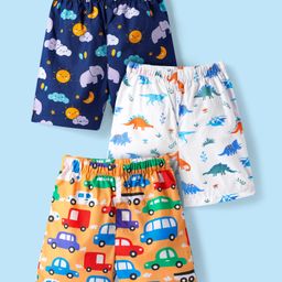 Babyhug Poplin Woven Boxers with Dino & Vehicles Print Pack of 3 - Navy Blue White & Orange-picture-1