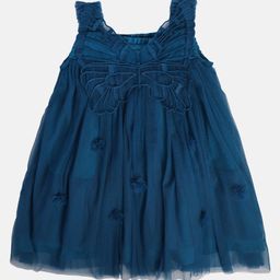 MINI KLUB Blended Sleeveless Butterfly Embroidered Flared Dress - Blue-image-48