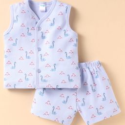 Tango Interlock Knit Sleeveless Co-ords Shorts Night Suit with Dino Print - Light Blue-picture-18