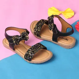 boyz n galz Bow Applique Detailed Diamonds Embellished Sandals With Velcro Closure - Black-picture-3