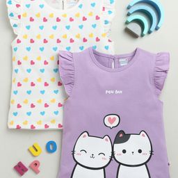 BUMZEE Cotton Knit Frill Sleeves T-Shirts with Heart & Cat Print Pack Of 2 - White & Lavender-image-132