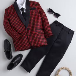 Jeet Ethnics Full Sleeves Geometric Printed 4 Piece Party Suit Set With Tie - Red-image-93