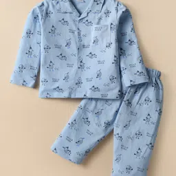 Mini Taurus Knitted Full Sleeves Co-ords Night Suit With Bird Print - Light Blue-picture-7