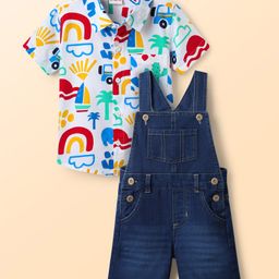 Babyhug Poplin Woven Knee Length Dungaree & Half Sleeves Shirt Set with Nautical Theme Print - White & Navy Blue-image-80