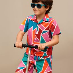 OLLINGTON ST. Cotton Knit Co-Ord Set of Geometric Printed Half Sleeves Shirt & Shorts - Orange & Pink-picture-27