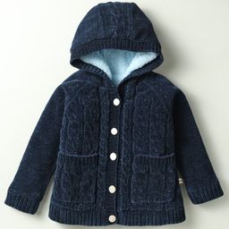 Yellow Apple Knitted Full Raglan Sleeves Hooded Front Open Sweater With Cable Knit Design - Navy Blue-image-98