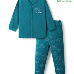 Babyoye Cotton Knit Full Sleeves Front Open Thermal Inner Wear Set with Airplane Print - Teal Blue-image-79