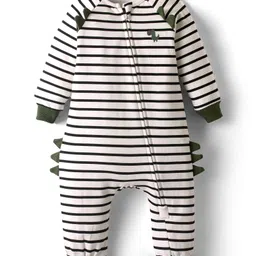 Bonfino 100% Cotton Fleece Knit Full Raglan Sleeves Striped Romper - Off White-picture-19