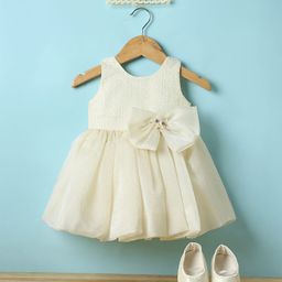 Enfance Sleeveless Flower & Bow Applique Detailed Knee Length Dress With Headband & Booties Set - Lemon-image-87