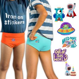 THE COVER UP PROJECT Modal Knit Pack Of 2 Solid Briefs With Space Theme Iron Prints - Orange & Light Blue-image-12