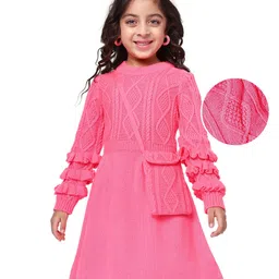 Hola Bonita Knit Full Sleeves Woollen Dress with Sling Bag & Cable Knit Design - Pink-picture-0