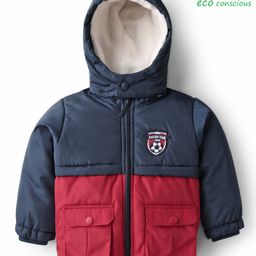 Babyoye Knit Full Sleeves Padded Hooded Jacket with Patch Detailing - Navy Blue & Red-image-16