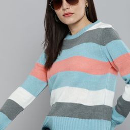 Mast & Harbour Women Blue & Grey Striped Pullover Sweater-image-46