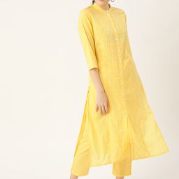 Anouk Women Yellow Ethnic Motifs Embroidered Panelled Pure Cotton Kurta with Trousers-picture-22