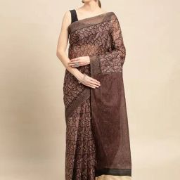 SHANVIKA Brown Cotton Printed Saree Without Blouse-image-31