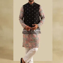 SOJANYA Men Floral Embroidered Regular Straight Kurta And Pyjamas With Nehru Jacket-17