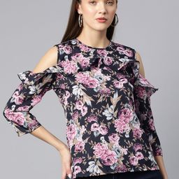 Ives Floral Print Cold-Shoulder Ruffles Crepe Top-image-51