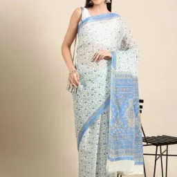SHANVIKA White & Blue Cotton Floral Print Saree With Unstitched Blouse-image-82