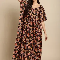 Secret Wish Dark Brown Floral Print Kaftan Nighty-image-81