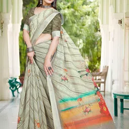 PHEASANT Striped Zari Pure Linen Block Printed Saree image 5