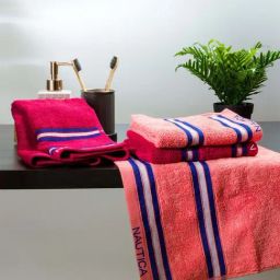 Nautica Vintage Crew Stripe Coral & Burgundy Cotton 500 GSM Zero Twist Hand Towel - Set of 4-7