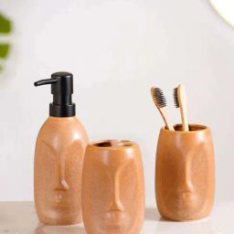 Nestasia Brown Color Abstract Human-Face Stoneware Design Ceramic Bathroom Accessories Set of 3-image-7