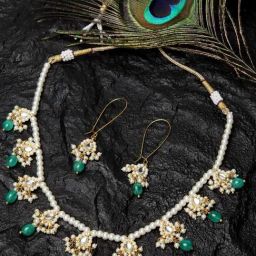 Dugran By Dugristyle Layered Green & Pearl White Necklace & Earring Set for Women-image-81