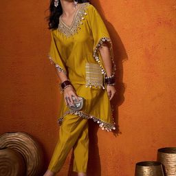 Sangria V-Neck Short Sleeves Regular Mirror Work A-Line Kaftan With Trouser image 4
