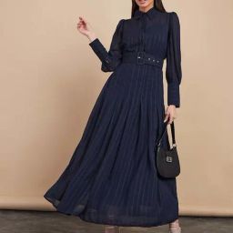 Styli Long Sleeves Collared Belted A-Line Maxi Dress-image-3