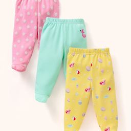 Babyhug Cotton Footed Bootie Leggings Floral Print Pack of 3 - Pink Yellow & Blue-image-4