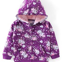 Babyhug Cotton Full Sleeves Hooded Sweat Jacket With Zipper & Floral Print - Purple-image-87