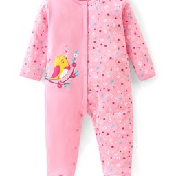 Babyhug Interlock Cotton Full Sleeves Footed Sleepsuit Birds & Floral Print - Pink-image-21