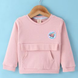 Olio Kids Cotton Knit Full Sleeves Winter T-Shirt with Kangaroo Pocket & Turtles Patch - Baby Pink-image-25