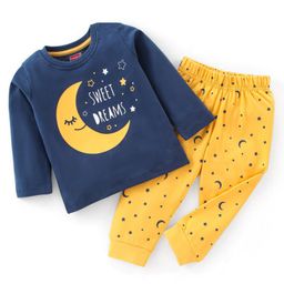 Babyhug Cotton Knit Full Sleeves Night Suit With Moon & Stars Print - Navy & Yellow-image-24