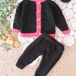 Woonie Full Sleeves Handknitted Color Blocked Sweater Set - Black-picture-45