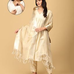 The Mom Store Silk Three Fourth Sleeves Solid Maternity Kurta With Nursing Access & Salwar With Foil Printed Dupatta Set - Multi Colour-picture-41