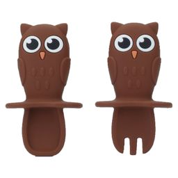 StarKiddo LittleOwl Infant Feeding Spoon & Fork| Silicone Kids Cutlery Set | Utensils Spoon Fork |Training Feeding for Kids Toddlers| Premium, Safe & Stylish | BPA Free (Brown)-image-69