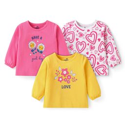 Doodle Poodle 100% Cotton Knit Full Sleeves T-Shirts With Floral & Heart Print Pack of 3 - Pink Yellow & White-image-29
