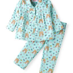 Babyhug Cotton Woven Full Sleeves Night Suit With Teddy Bear & Floral Print - Light Blue-image-13