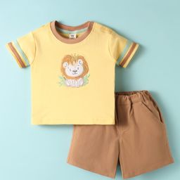 ToffyHouse Cotton Woven Half Sleeves T-Shirt & Shorts Set with Lion Embroidery - Yellow & Brown-image-76
