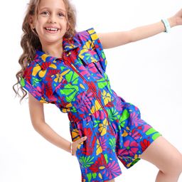 Ollington St.Cotton Knit Floral Printed Half Sleeves Front Open Jumpsuit - Multicolor-image-5