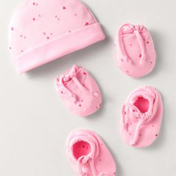 Simply Interlock Knit Cap Mitten & Booties with HeartPrint - Light Pink-4