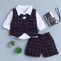 BUMZEE Cotton Full Sleeves Checked 3 Piece Party Suit Set With Attached Bow - White & Navy Blue-image-86