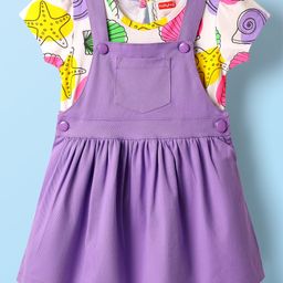 Babyhug Cotton Knit Frock & Half Sleeves Inner Tee With Sea Animals Print - Purple & White-image-38