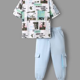 OLLINGTON ST. Cotton Knit Half Sleeves Printed T-Shirt & Knit Joggers Set - White & Light Blue-image-79