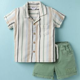 Smarty Boys Textile Knit Half Sleeves Striped Shirt & Shorts Set - Green-image-69